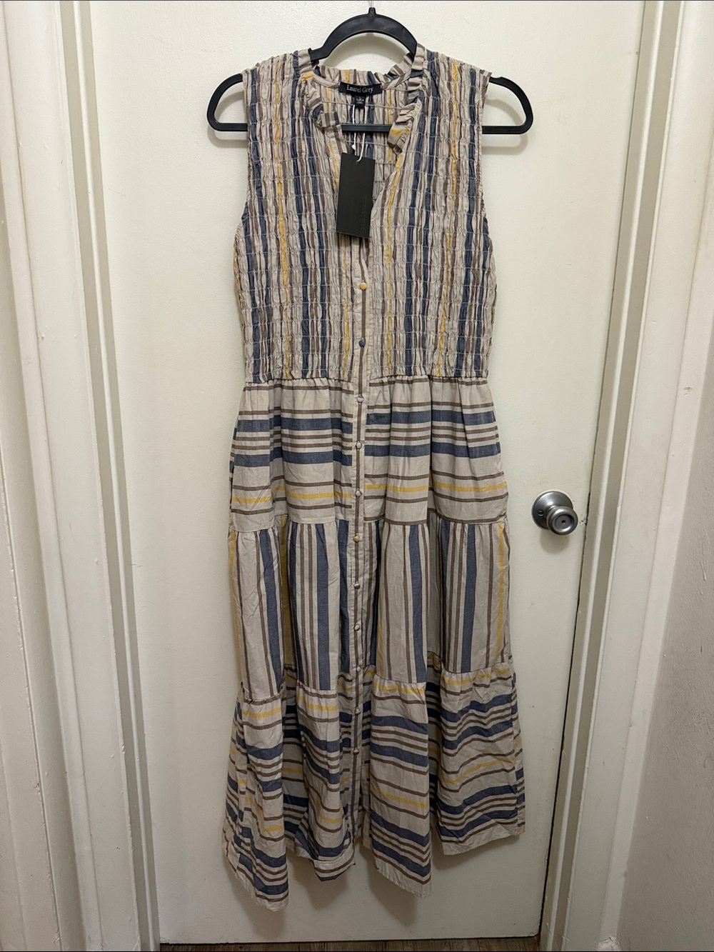 Laurel Grey Sleeveless Striped Tiered Maxi Dress in Blue, Cream & Yellow NWT